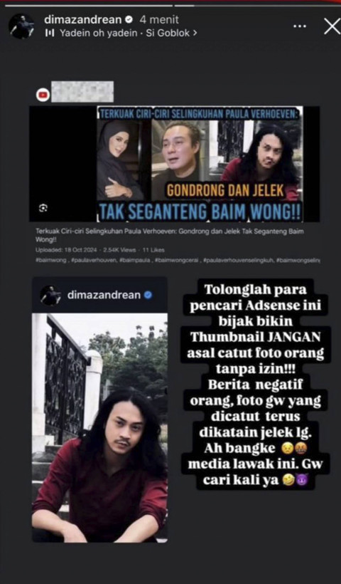 Dimaz Andrean geram fotonya dicatut sebagai selingkuhan Paula Verhoeven. Foto: Instagram/ @dimazandrean