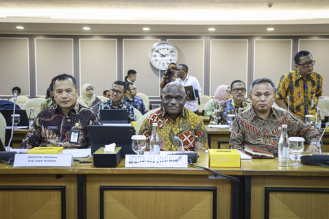 Menteri Hak Asasi Manusia (HAM) Natalius Pigai (tengah) bersama Wakil Menteri HAM Mugiyanto bersiap mengikuti rapat kerja dengan Komisi XIII DPR di Kompleks Parlemen, Senayan, Jakarta, Kamis (31/10/2024). Foto: Dhemas Reviyanto/ANTARA FOTO