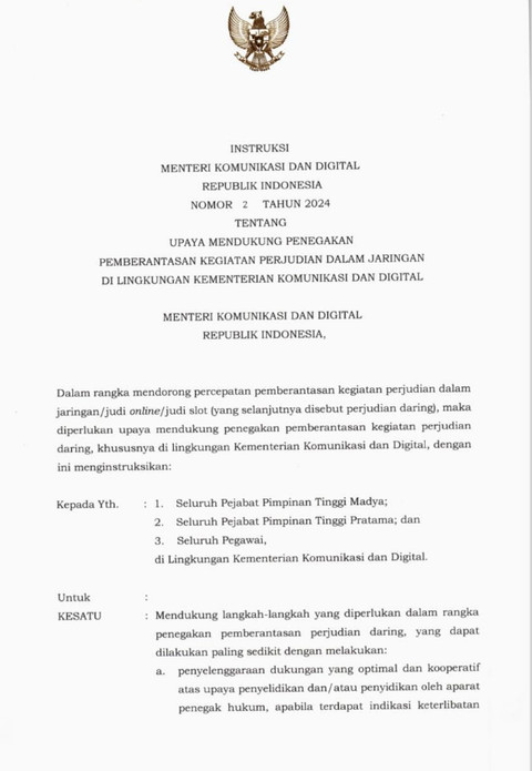 Instuksi Menteri Komdigi untuk berantas judol, 1 November 2024. Foto: dok istimewaa