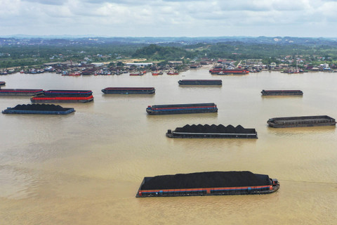 Sejumlah kapal tongkang bermuatan batu bara melintas perairan Sungai Mahakam di Samarinda, Kalimantan Timur, Rabu (6/11/2024). Foto: M Risyal Hidayat/ANTARA FOTO