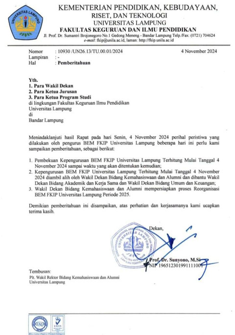 Surat edaran pembekuan BEM FKIP Unila.