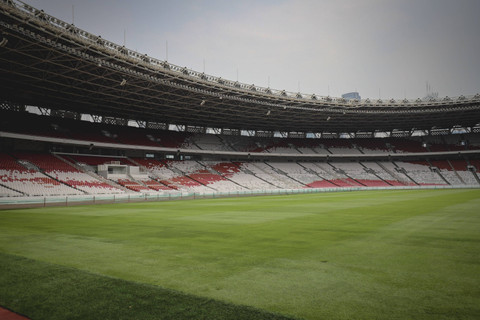 Kondisi rumput lapangan sepak bola di Stadion Utama Gelora Bung Karno, Jakarta, Jumat (11/8/2024). Foto: Jamal Ramadhan/kumparan