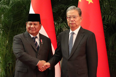 Presiden Prabowo Subianto (kiri) bersalaman dengan Ketua Komite Tetap Kongres Rakyat Nasional China Zhao Leji (kanan) saat melakukan pertemuan di Balai Besar Rakyat, Beijing, China pada Sabtu (09/11/2024). Foto: Desca Lidya Natalia/Antara
