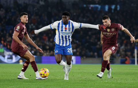 Brighton & Hove Albion vs Man City dalam laga pekan ke-11 Liga Inggris 2024/25 di Stadion AMEX, Minggu (10/11) dini hari WIB. Foto: Action Images via Reuters/Paul Childs