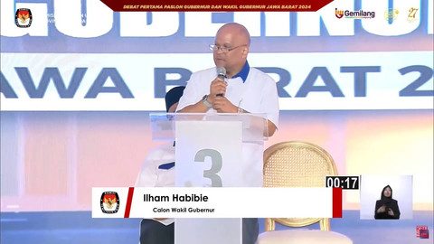 Cawagub Jawa Barat nomor urut 03 Ilham Habibie menyampaikan pendapatnya saat Debat Pilgub Jawa Barat 2024 di Gedung Graha Sanusi Kampus Universitas Padjadjaran, Bandung, Senin (11/11/2024). Foto: Youtube/KPU Provinsi Jawa Barat