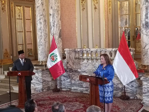 Presiden Prabowo Subianto bertemu dengan Presiden Peru  Dina Boluarte di Istana Peru Palacio de gobierno di Lima, Peru pada Kamis (14/11) waktu setempat. Foto: Zamachsyari/kumparan
