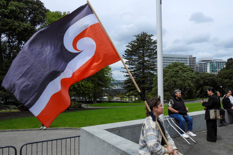 Seorang pengunjuk rasa menentang RUU Prinsip Perjanjian duduk di luar Parlemen di Wellington, Selandia Baru, Kamis (14/11/2024). Foto: Charlotte Graham-McLay/AP PHOTO