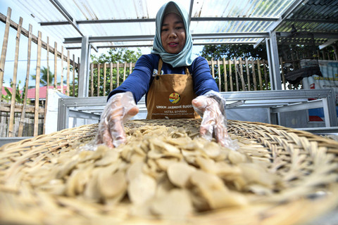 Anggota kelompok UMKM Jasmine Suger menjemur kerupuk yang terbuat dari tulang ikan patin dan lele di Desa Sungai Gerong, Mariana, Banyuasin, Sumatera Selatan, Kamis (21/11/2024). Foto: ANTARA FOTO/Nova Wahyudi