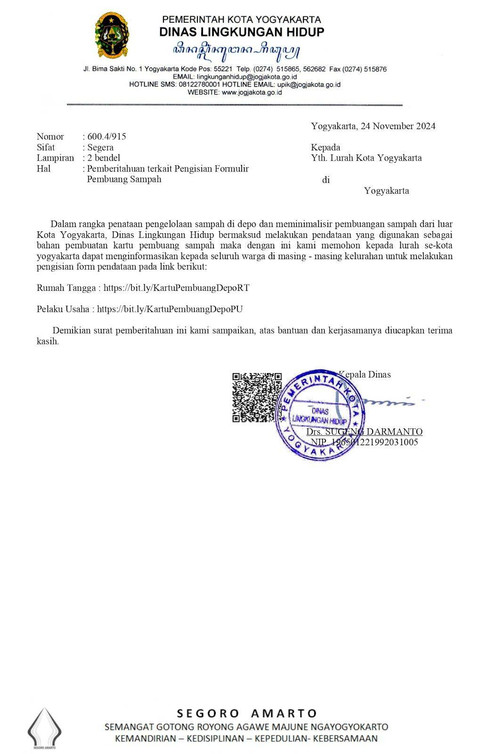 Surat pemberitahuan pembuatan kartu pembuangan sampah. Foto: Pemkot Yogya