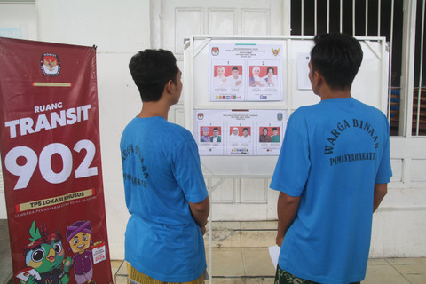Dua warga binaan mengamati contoh surat suara sebelum menggunakan hak suaranya pada Pilkada 2024 di Lapas Kelas IIA Kediri, Kota Kediri, Jawa Timur, Rabu (27/11/2024). Foto: ANTARA FOTO/Prasetia Fauzani