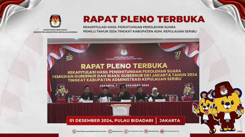  Pleno Terbuka rekapitulasi hasil perhitungan perolehan suara Pilkada Jakarta tahun 2024 tingkat Kabupaten Administrasi Kepulauan Seribu, Minggu (1/12/2024). Foto: YouTube/ KPU Kepulauan Seribu