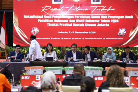 Saksi paslon nomor 01 Ridwan Kamil dan Suswono walkout saat Rapat pleno rekapitulasi perhitungan suara Pemilihan Gubernur (Pilgub)  Jakarta di Hotel Sari Pan Pasific, Jakarta, Minggu (8/12/2024). Foto: Iqbal Firdaus/kumparan