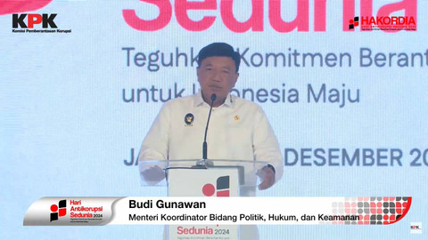 Menko Polkam Budi Gunawan memberikan sambutan pada Pembukaan Peringatan Hari Antikorupsi Sedunia 2024 (HAKORDIA) di Gedung Merah Putih KPK, Jakarta, Senin (9/12/2024). Foto: Youtube/KPK RI