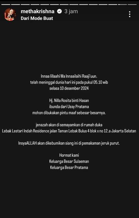 IG Story soal kabar duka ibunda Ussy Pratama. 