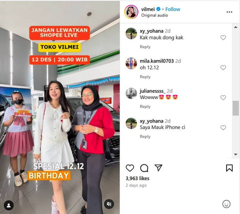 Unggahan Vilmei di Instagram mendapat sambutan baik dari warganet. Foto: dok. Istimewa