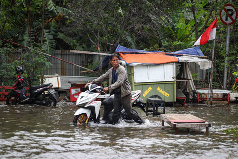 Pengendara mendorong motornya saat melintasi banjir rob yang melanda kawasan Pluit, Penjaringan, Jakarta Utara, Senin (16/12/2024). Foto: Iqbal Firdaus/kumparan