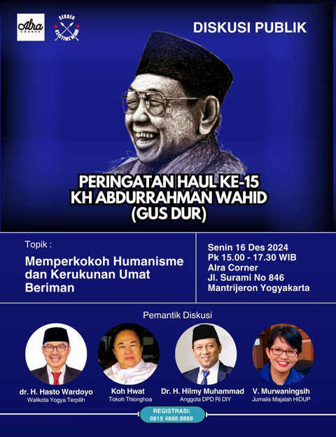 Poster diskusi publik dalam rangka Haul ke-15 Gus Dur di Yogya. Foto: Dok. Sekber Keistimewaan DIY
