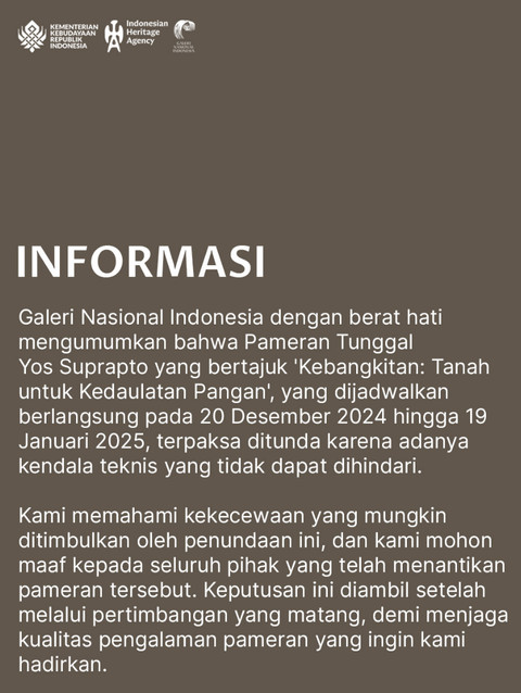 Pernyataan Galeri Nasional soal pameran tunggal karya Yos Suprapto, Jumat (20/12/2024). Foto: Instagram/@galerinasional