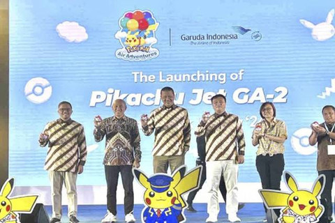 Peluncuran desain pesawat Garuda Indonesia bergambar Pikachu di Jakarta, Jumat (8/11). Foto: Harianto/ANTARA