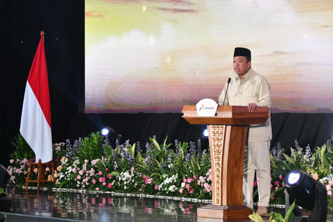 Menteri ATR/Kepala BPN, Nusron Wahid dalam memberikan sambutan pada penandatangan Nota Kesepahaman di Grha Pertamina, Jakarta, Senin (23/12/2024). Foto: Dok. Pertamina