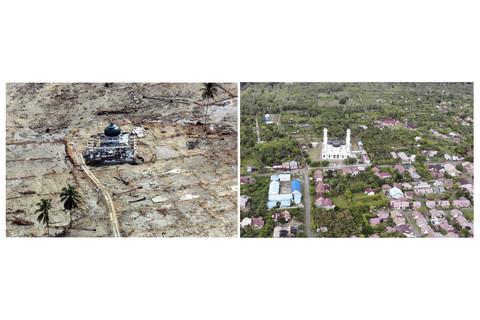 Foto kolase Masjid Rahmatullah Lampuuk masih berdiri sementara bangunan disekitarnya hancur (kiri) dan kondisi sekarang dengan bangunan rumah yang sudah dibangun disekitar Masjid Rahmatullah Lhoknga, Aceh Besar, Aceh (kanan). Foto: ANTARA FOTO