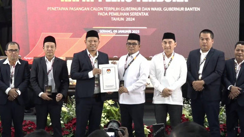 Komisi Pemilihan Umum (KPU) Kota Surabaya menetapkan pasangan Andra Soni-Dimyati Natakusumah menjadi Gubernur dan Wakil Gubernur Banten terpilih, Kamis (9/1/2025). Foto: YouTube/ KPU Provinsi Banten