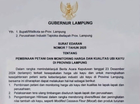 Surat Edaran Pj. Gubernur Lampung tentang pembinaan dan monitoring harga dan kualitas Ubi kayu di Provinsi Lampung | Foto : Ist