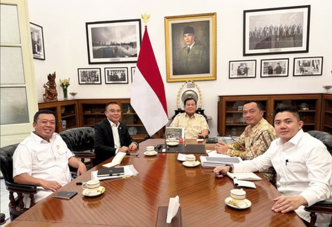 Menteri ATR Nusron Wahid bersama  petinggi Gerindra Sufmi Dasco, Presiden Prabowo, Mensesneg Prasetyo Hadi, dan Seskab Mayor Teddy, 20 Januari 2025. Foto: Dok Sufmi Dasco