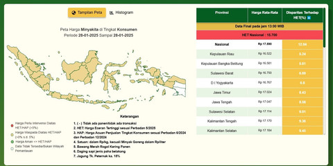 Tabel harga MinyaKita pada Selasa (28/1/2025). Foto: Badan Pangan Nasional