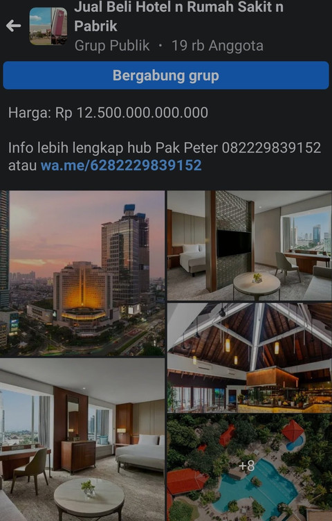 Tangkapan layar Facebook mengenai penjualan Hotel Grand Hyatt. Foto: istimewa