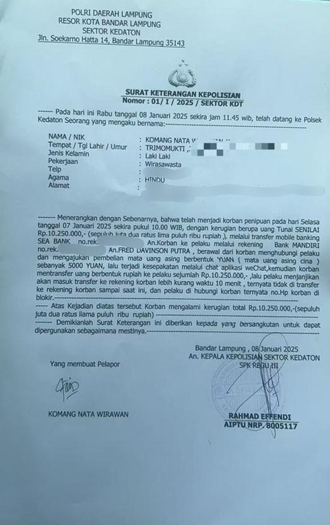 Laporan soal penipuan ke mahasiswa RI di China ke Polsek Kedaton, Bandar Lampung. Foto: Dok. Istimewa