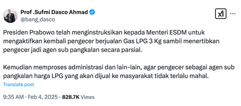 Cuitan Waket DPR sekaligus Ketua Harian Gerindra Sufmi Dasco Ahmad soal  LPG 3 kg yang membuat rakyat antre panjang, Selasa (4/2/2025). Foto: X/@bang_dasco