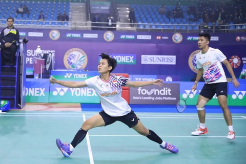 Ganda campuran Indonesia Dejan Ferdinansyah/Siti Fadia Silva Ramadhanti saat berlaga di babak 32 besar India Open 2025 di New Delhi, India, Rabu (15/1/2025). Foto: PBSI/HO/Antara