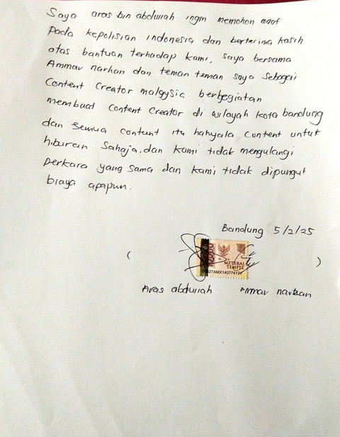Surat permintaan maaf. Dok. Polsek Panyileukan