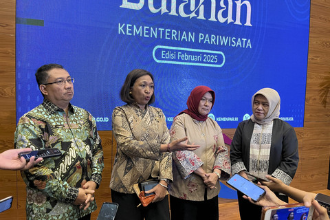 Jajaran deputi Kemenpar saat jumpa Pers Bulanan di Balairung Soesilo Soedarman, Gedung Sapta Pesona Kemenparekraf, Jakarta pada Jumat (7/2/2025). Foto: Gitario Vista Inasis/kumparan