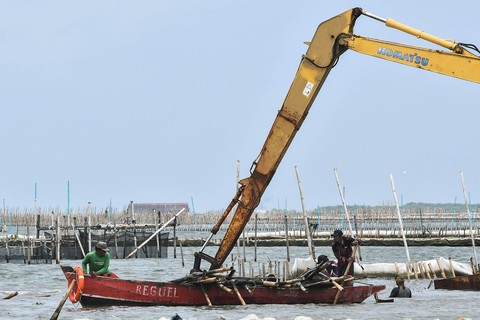 Sejumlah pekerja dari PT TRPN mengangkut bambu pagar laut menggunakan perahu usai pembongkaran di pesisir laut Tarumajaya, Kabupaten Bekasi, Jawa Barat, Selasa (11/2/2025). Foto: ANTARA FOTO/Fakhri Hermansyah