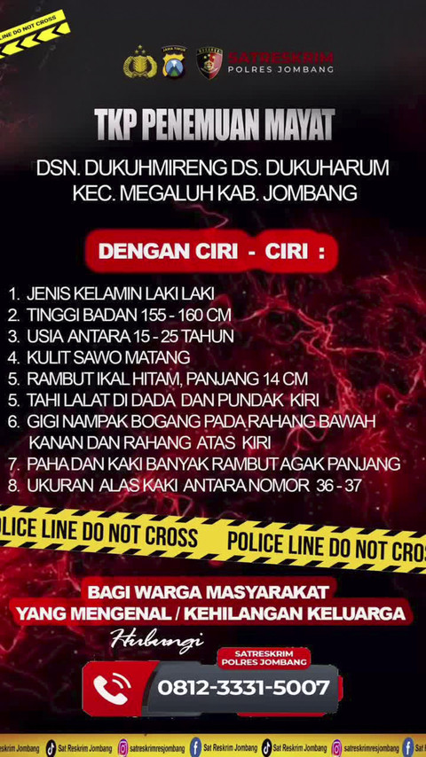 Polisi ungkap ciri-ciri penemuan mayat pria dan kepala manusia di Kabupaten Jombang yang masih satu bagian. Foto: Dok. Polres Jombang