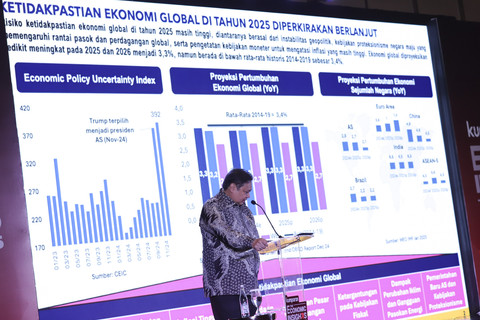 Menteri Koordinator Bidang Perekonomian Airlangga Hartarto memberikan sambutan pada acara kumparan The Economic Insights 2025 di The Westin, Jakarta, Rabu (19/2/2025). Foto: Jamal Ramadhan/kumparan