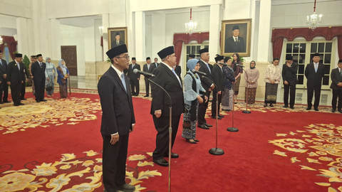 Suasana saat pelantikan Mendiktisaintek, Kepala dan Wakil Kepala BPKP dan BPS, serta Kepala BSSN di Istana Negara, Jakarta, Rabu (19/2/2025). Foto: Zamachsyari/kumparan