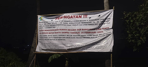 Spanduk imbauan agar warga meninggalkan lahan milik RSJ Soeharto Heerdjan di kawasan Jelambar, Jakarta Barat, Selasa (26/2/2025).  Foto: Istimewa