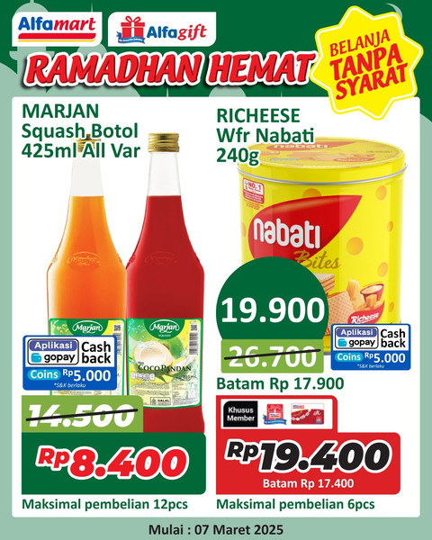 Alfamart diskon sirup Marjan dan wafer Recheese Nabati. Foto: dok. Alfamart