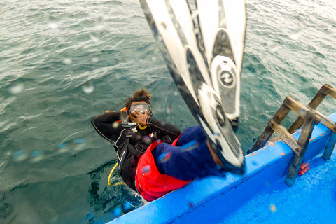 Mulai Menyelam: Ketua Jaringan Daerah Perlindungan Laut Berbasis Masyarakat (DPL-BM) Pulau Tidung Lahmanudin Jordy alias Limbad terjun ke air untuk melakukan penyelaman di perairan Pulau Tidung, Jakarta. Foto: Muhammad Adimaja/ANTARA FOTO