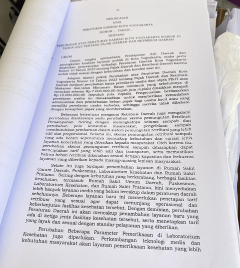 Peraturan Daerah (Perda) Kota Yogyakarta tentang perubahan Perda No 10 tahun 2023 soal Pajak Daerah dan Retribusi Daerah. Foto: Resti Damayanti/Pandangan Jogja