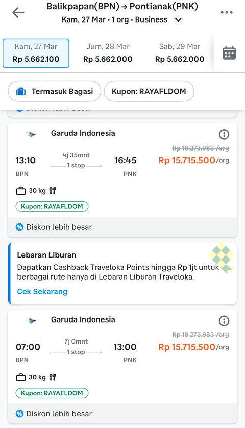 Harga tiket Pontianak-Balikpapan kelas bisnis di salah satu aplikasi travel. Foto: Dok. Istimewa