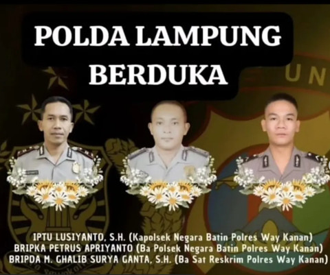 3 Polisi Lampung tewas ditembak oknum TNI saat membubarkan sabung ayam, Senin (17/3/2025). Foto: Instagram/Humas Polda Lampung