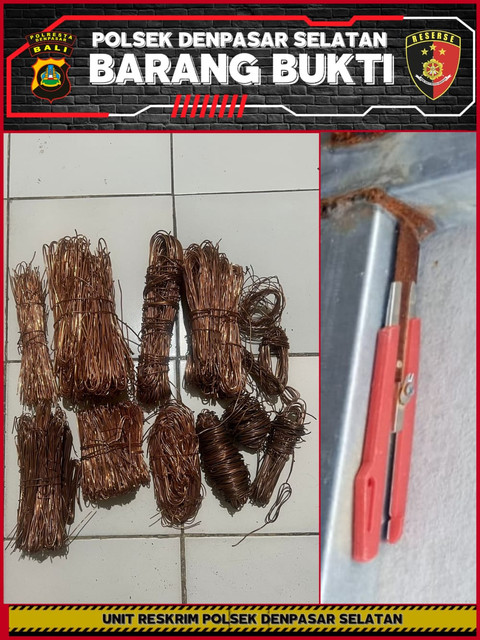 Sejumlah barang bukti yang ditunjukan polisi dari kasus pencurian kabel listrik mal di Bali. Foto: Dok. Polresta Denpasar