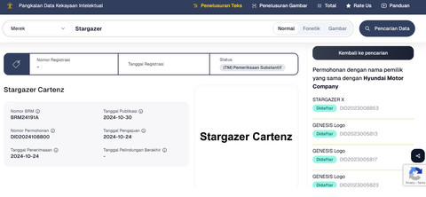 Nomenklatur Hyundai Cartenz pada laman resmi Pangkalan Data Kekayaan Intelektual (PDKI) Kemenkumham RI.  Foto: PDKI Kemenkumham RI