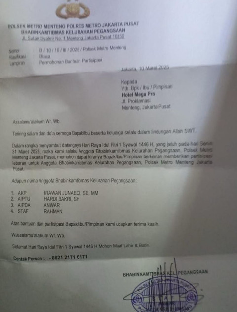 Beresar surat minta THR dari anggota kepolisan kepada salah satu hotel di kawasan Menteng. Foto: Dok. Istimewa