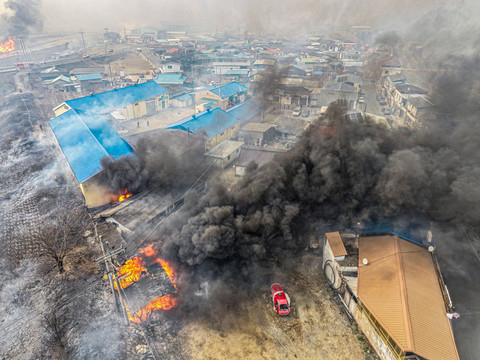 Banyak rumah terbakar dampak kebakaran hutan yang melanda wilayah tersebut di Uiseong, Korea Selatan, 24 Maret 2025. Foto: Yonhap via REUTERS