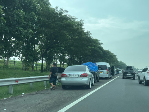 Imbas macet tol cipali dan ditutupnya rest area km130 karena padat banyak pemudik berhenti di bahu jalan untuk buang air kecil, Kamis (27/3). Foto: Kelik Wahyu/kumparan